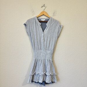 HEARTLOOM Mabel Mini Dress Gray Stripe Ruffle Tiered Smocked Waist NWOT